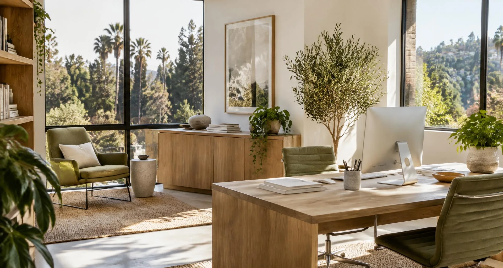 Illustrative light-filled California-style business workspace